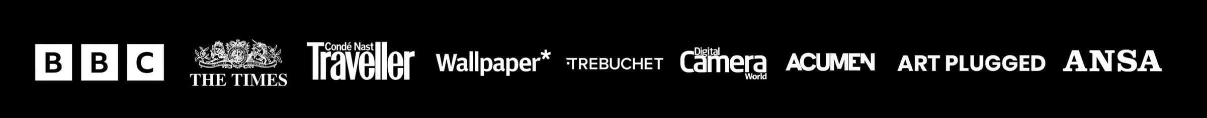 Press and partner logos: BBC, The Times, Condé Nast Traveller, Wallpaper*, Trebuchet, Digital Camera World, Acumen, Art Plugged, ANSA
